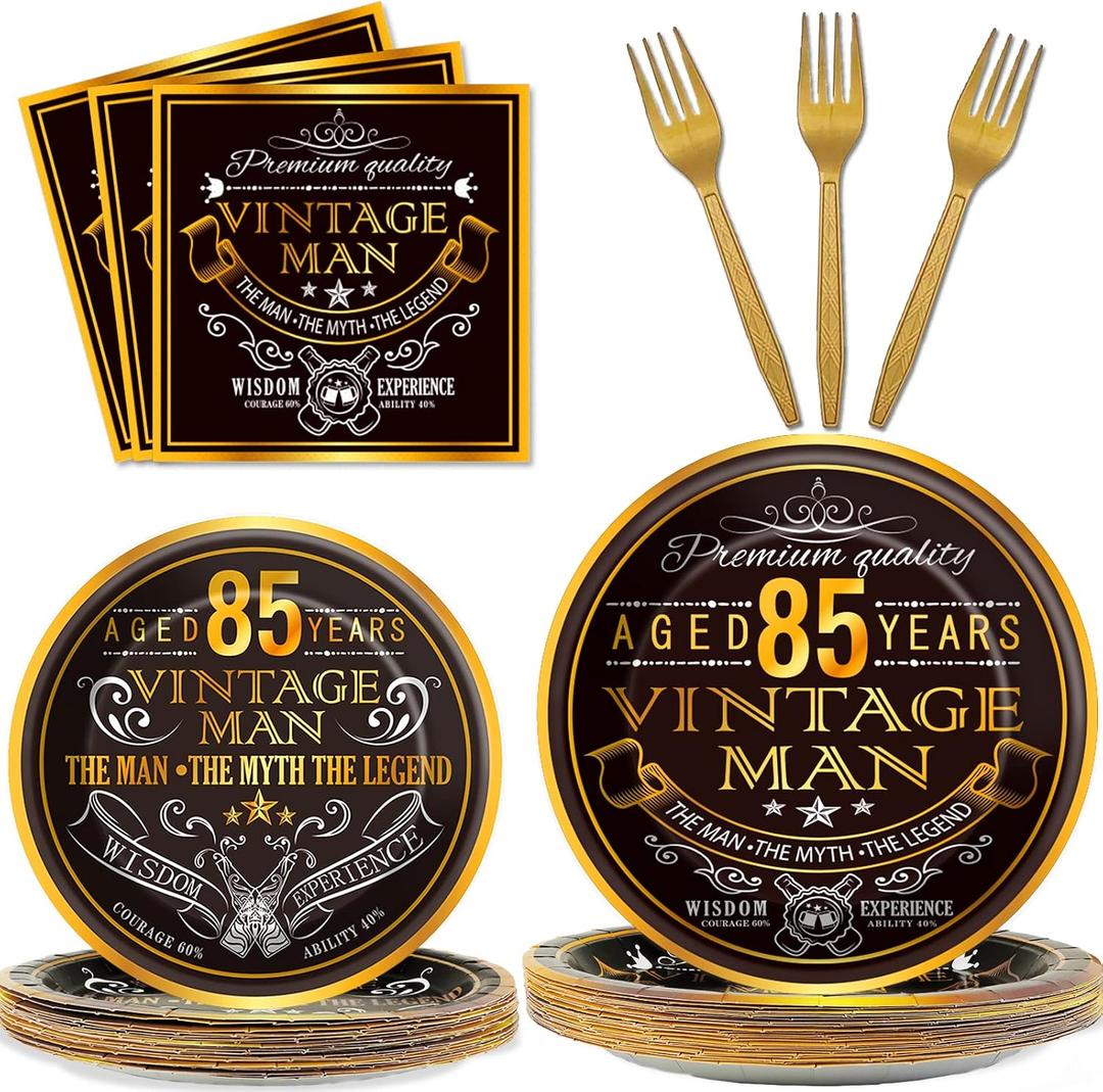 Wiooffen 96 Pcs Vintage 85th Party Tableware Set Back in 1941 85th Theme Birthday Party Table Decoration Supplies Cheers to 85 Years Paper Plate Napkin Fork 24 Guests for Men