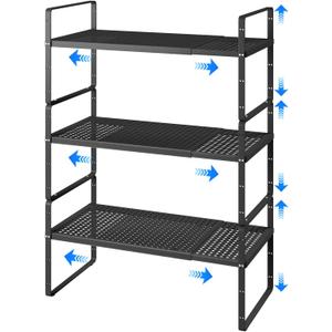 Expandable Kitchen Shelf Organizers, Kitchen Cabinet Organizer Stand Rack Organization for Countertop Cupborad Pantry, Black 3 Pack