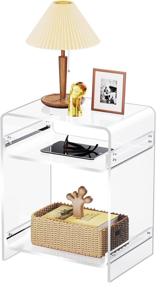 Acrylic End Table Record Player Table with Storage Shelf Clear Side Table Nightstand (15.7x19.7x11.8) (Clear)