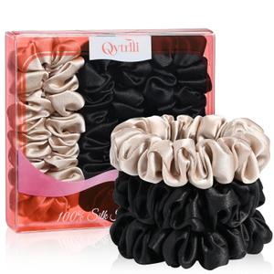 Silk Hair Ties 3 Pack 6A 100% Mulberry Silk Scrunchies 22 Momme Small Sleep Ties and No Damage No Crease for Women Girls Curly Thick Thin Hair, Sample Fabric Provided (Black*2 & Ligh brown)