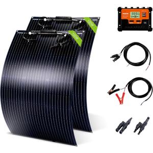 200W Flexible Solar Panel Kit, Lightweight Monocrystalline Ultra-Flexible Bendable Mono Off-Grid Charger with 30A Charge Controlle for 12-24V Battery Charging Car Battery Camping Stuff (2 * 100W)