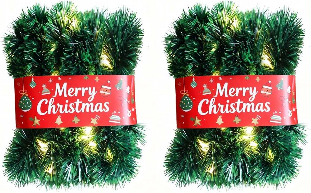 2 Pack Christmas Garland with Lights, Total 38 Feet 80 Led Lighted Pre-Lit Long Garlands for Stairs Railing Fireplace Mantle Door Battery Operated Frame Decor Green Greenery Indoor Outdoor Decorations