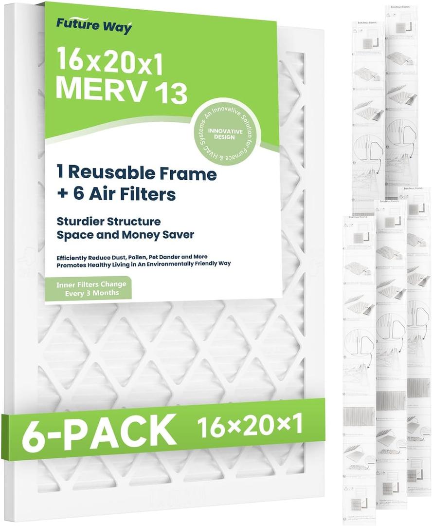 Future Way 16x20x1 Air Filters, 6-Pack with Reusable Frame, MERV 13, MPR 1900 AC Furnace Filters, Space Saving & Cost-effective
