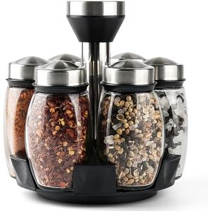 Mlici 6PC Spinning Glass Spice Jars  360° Rotating Spice Rack Organizer with Jars, Stainless Steel Revolving Seasoning Holder Jars for Countertop Cabinet Kitchen Spices Cruets