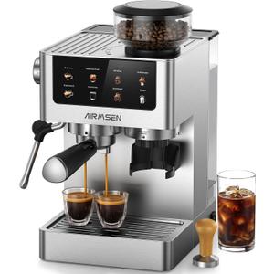 AIRMSEN Espresso Machines with Burr Grinder, 20 Bar, Milk Frother Steam Wand, Stainless Steel Coffee Maker for Home - Cappuccino Latte & Cold Brew Iced Coffee Maker & Americano