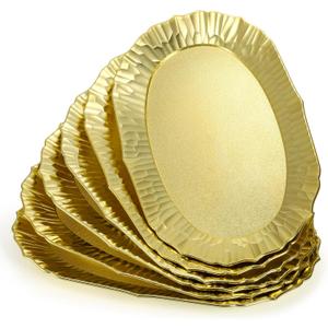 AVLA 6 Pack Plastic Serving Tray, Gold Serving Platter Set, Reusable Party Snack Serving Tray, Decorative Food Appetizer Platters for Dessert Table, Cupcake, Charcuterie, Cookies, 14" x 8.5", Large