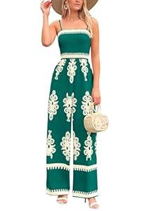 PRETTYGARDEN Women's Summer Boho Jumpsuits One Piece Beach Vacation Outfits Spaghetti Strap Wide Leg Pants Rompers (Dark Green, Small)