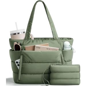 Puffer Tote Bag for Women, Lightweight Puffy Work Handbag Teacher Nurse Quilted Shoulder Bag for School Travel Gym | Cloud Bag w/ Zipper, Daily College Bags, 15.6" Computer Bag, Clinical Nursing Bag, 40 OZ Tumbler Holder, Ideal Gift for Women (Sage Green)