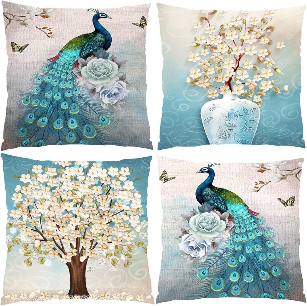 16x16 Peacock Pillow Case Set of 4, Blue Peacock Print Throw Pillow Covers, Decorative Velvet Square Cushion Covers with Zipper for Living Room Couch Sofa Decor