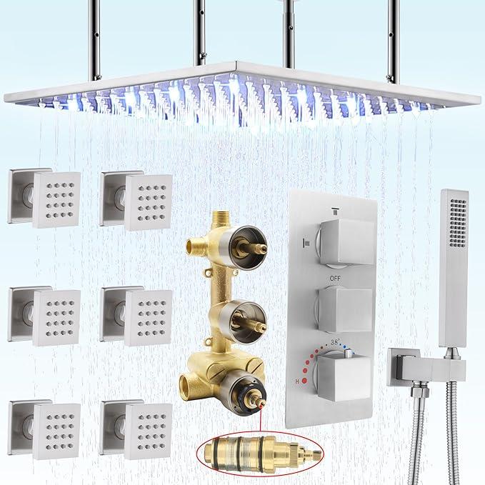 HOMEDEC Brushed Nickel 20inch LED Rain Shower System with Body Jets(Adjustable), Luxury Brass Shower Faucets Sets Complete with Rough-in 3 Way Thermostatic Valve