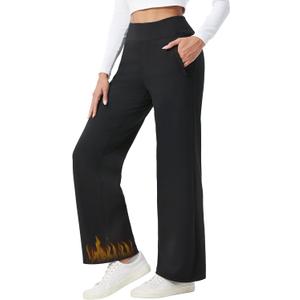 HOTSUIT Fleece Lined Wide Leg Yoga Pants for Women with Zipper Pockets, High Waisted Sweatpants Winter, Thermal Work Slacks (Black, XL)