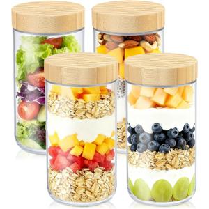 DRKIO 24 Oz Overnight Oats Containers with Bamboo Lids - 4 Pack Glass Storage Jars with Airtight Lids Wide Mouth Mason Food Jars Great for Meal Prep Salad Chia Pudding Snacks Yogurt Sugar Spice