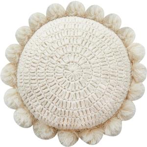 Boho Round Throw Pillow with Cute Handmade Pom Poms Tassels 18 Inch, Decorative Circular Knitted Crochet Cushion for Couch, Sofa, Chair, Bed, Beige