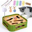Cat Puzzle Box Toy for Indoor Cats Boredom Relief Interactive Wooden Cat Enrichment Maze with Jingle Balls, Feather Wands & Spiral Springs, Slow Feeder Treat Dispenser for Kittens & Adult Cats