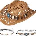Men's Women's Straw Cowboy Hat Western Cowgirl Hat Shapeable Brim Beach Cowboy Hat Cowgirl Woven Sun Hat Two Decorative Bands (One Size-Medium, Combination B Camel)