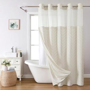 Extra Long No Hook Tufted Chevron Striped Shower Curtain with Snap-in Fabric Liner set-71Wx98H(96H),Tall Hotel Grade Boho Style Shower Curtain,Water Repellent,Cream