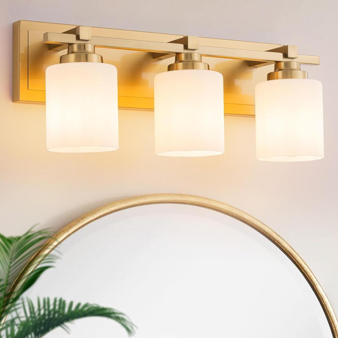 3 Light Modern Bathroom Light Fixtures Over Mirror, Brass Finish Vanity Lights for Bathroom Wall Sconces with Milky White Glass Shades, E26 Socket (Bulbs Not Included)