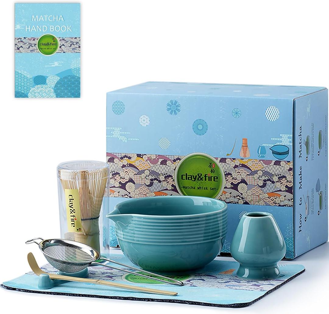Clay&Fire Matcha Whisk Set, Ceramic Matcha Set, Matcha Bowl with Spout and Whisk, 8 pcs Matcha Tea Kit for Matcha Lovers, Ideal Gift Christmas, Birthday (Blue)