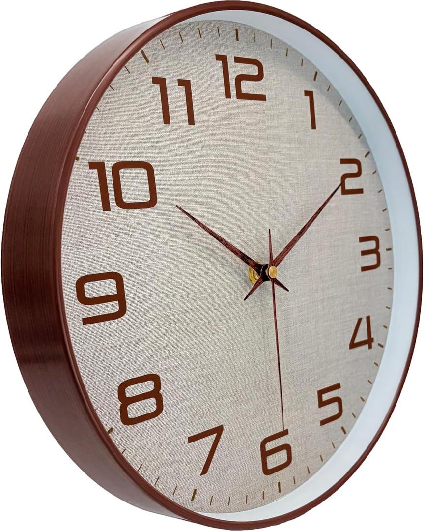 Woodgrain Wall Clock, Silent Non-Ticking Battery Operated Clock 10 Inch, Large Easy-to-Read Number Linen Texture Face Modern Analog Clocks for Living Room Bedroom Kitchen Office Gym, Brown (Mocha Brown White)