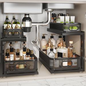 2 Pack 18.5IN-Depth Under Sink Organizer With Next-Gen Ball-Bearing Slides,2-Tier Precision Mesh Pull Out Cabinet Storage for Bathroom&Kitchen,Height Adjustable Drawers Shelf,Anti-rust-Black