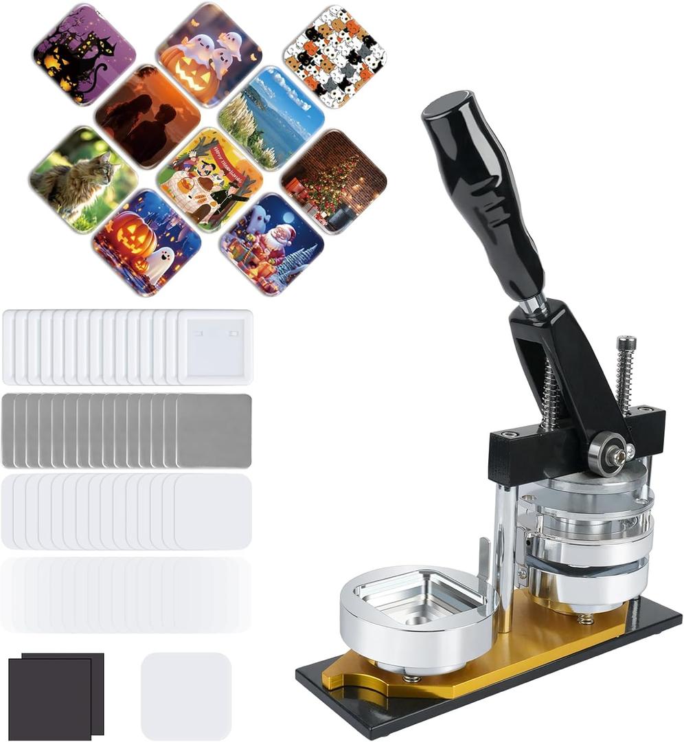 Fridge Magnet Button Maker Machine,1.97 in/50mm Metal Square Pin Maker Machine for Refrigerator Magnet,DIY Pin Badge Button Press Kits with 100 Sets Badge Supplies