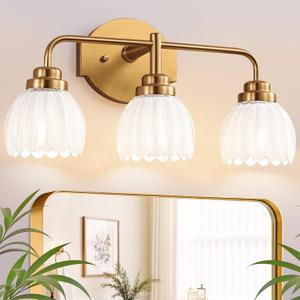 maesta Gold Bathroom Light Fixtures, 3-Light Brushed Gold Vanity Lights with Milk White Tulip Glass Shades, Vintage Bathroom Lights Over Mirror for Bedroom Living Room Hallway