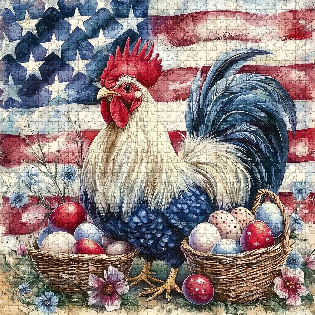 Chicken Puzzles for Adults 1000 Pieces, PICKFORU Proud and Freedom Jigsaw Puzzles American Flag, Vintage Unique Difficult Art Rooster Puzzle