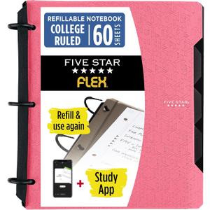 Five Star Flex Refillable Notebook + Study App 1 Inch O-Rings Binder with Pockets Tabs and Dividers, 220 Sheet Capacity, Includes 60 Sheets 8.5" x 11" College Ruled Paper, Prom Pink (293280R)