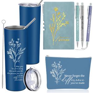 Funnymoom 6 Pcs Employee Appreciation Gift Thank You May You Be Proud 20 oz Boho Flower Tumbler Makeup Bag A6 Journal Pens for Back to School Gifts for Coworker Staff Women Men Nurse Teacher (Blue) 