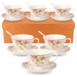 Cup and Saucer Sets of 6 with Spoon, Large Coffee Cups and Saucers New Bone China Floral Vintage Cup & Saucer Sets Porcelain Tea Latte Tea Mugs -Microwave Dishwasher Safe