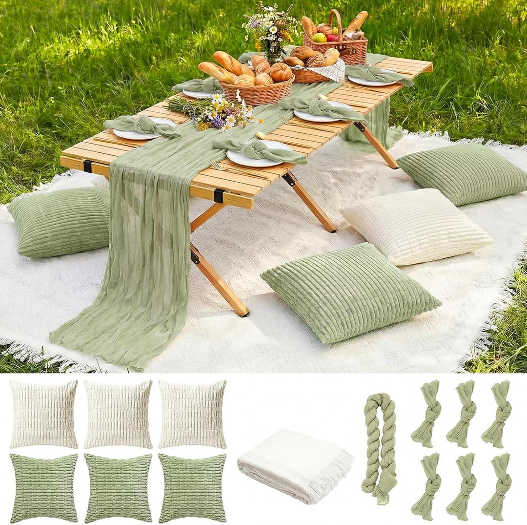91 x 71 Extra Large Outdoor Boho White Picnic Blanket with Green Table Runner, 6 Napkins and 6 Throw Pillow Covers Table Decor for Beach Picnic Camp Wedding Party Birthday Baby Shower
