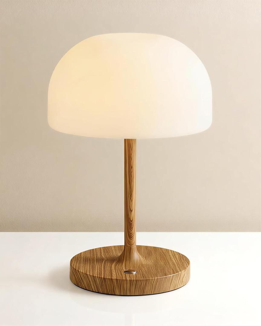 VoMii Mushroom Lamp, 9 Cordless Table Lamp Waterproof Shower Lamps with 4000mAh Battery Rechargeable & 3 Color Temperatures, Dimmable LED Night Light for Bathroom, Bedroom & Home Decor - Wood Grain