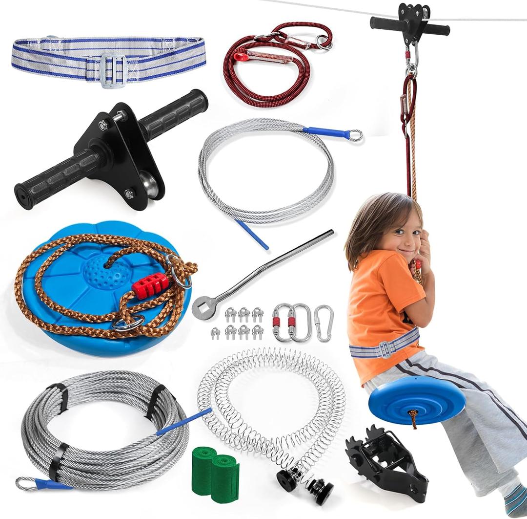Zip line Kit for Kid and Adults,Zip line Up to 400lbs,Special Retractors and Disc Seats,Zipline Kit for Backyard,Playground Entertainment (120ft)