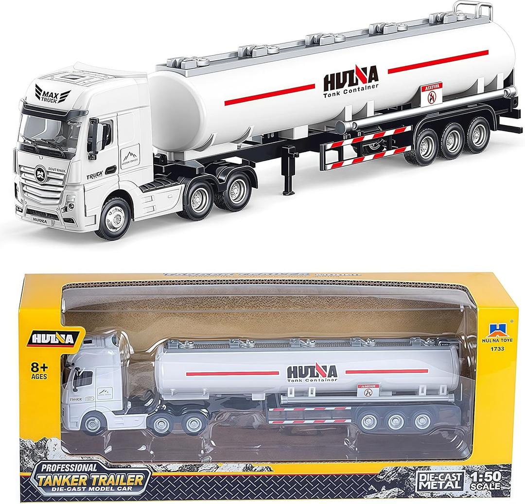 Gemini&Genius Oil Tanker Trailer Toy, Heavy Duty Realistic Look Alloy Hauler Car Toys Vehicle, 1:50 Scale Diecast Tanker Truck, Toy Trucks for Kids (Detachable) (White)