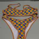VOLAFA Women's Triangle Bikini Set Smocked Textured Scoop Frilled Print Ruched Elastic Swimsuit Two Piece Bathing Suit (6, Orange Blue Sun)