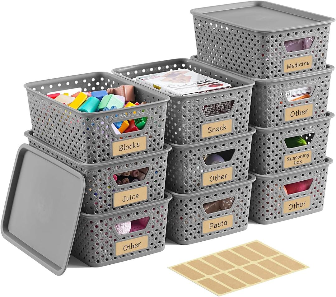 10 Pack Small Plastic Storage Bins with Lids, Stackable Plastic Storage Baskets for Organizing with Handles, Organizer Bins with Labels for Room,Craft,Containers for Pantry Organizers and Storage,Grey