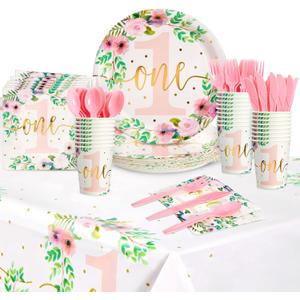 BLUE PANDA 145-Piece Floral Baby Girl's 1st Birthday Party Supplies & Decorations - Little Miss Onederful Party Set with Dinnerware & Tablecloth (Serves 24)