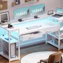 Pamray 58 Inch Computer Desk with Monitor Stand and Shelves Gaming Desk with LED Lights & Power Outlets PC Vanity Table with 2 Drawers for Home Office White