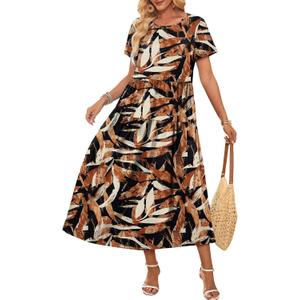 OFEEFAN Maxi Dress Casual Dresses for Women Crew Neck Short Sleeve Tiered Dress with Pockets