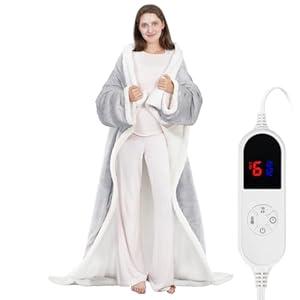 HOW'S MY HOUSE Wearable Heated Blanket with Sleeves and Foot Pocket, 52"x72" Electric Blanket for 6 Heat Settings, 12-Hour Timer, Flannel & Sherpa, French Gray