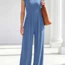 PRETTYGARDEN Summer Jumpsuits for Women Dressy Casual | Soft Ribbed Fabric, Crewneck Cap Sleeve, Back Zipper, Pockets, Wide Leg Pants Rompers, One Piece Outfits, Work Office Clothes (Blue, XXL)