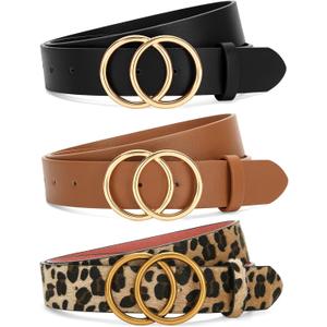 SANSTHS 3 Pack Women Waist Belts for Jeans Pants Dresses, Ladies Belt with Double O-Ring Gold Buckle