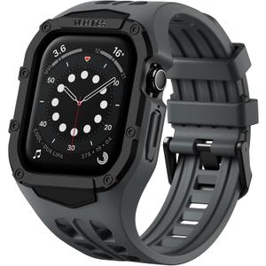 Nereides Rugged Sport band with Protective Case Compatible with Apple Watch 45mm 44mm, Shockproof Rugged Band for apple watch SE3/SE2/SE/9/8/7/6/5/4 (Gray)