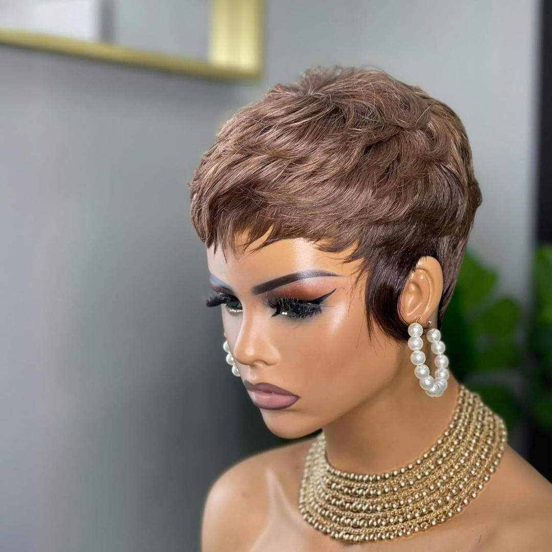 Pixie Cut Wig for Black Women - 4# Brown Short Layered Human Hair Wig - Full Machine Made Glueless (4#)