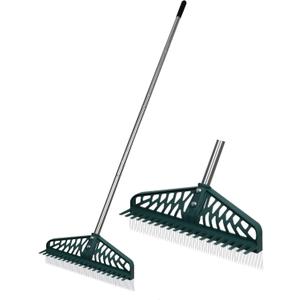 Artificial Rake, Double Sided Garden Hand Broom Rake Stainless Steel Long Pole Leaves Rake16 inch Wide for Garden Grass Clean Lawn Artificial Turf Patios Carpets Pet Hairs Cleaner