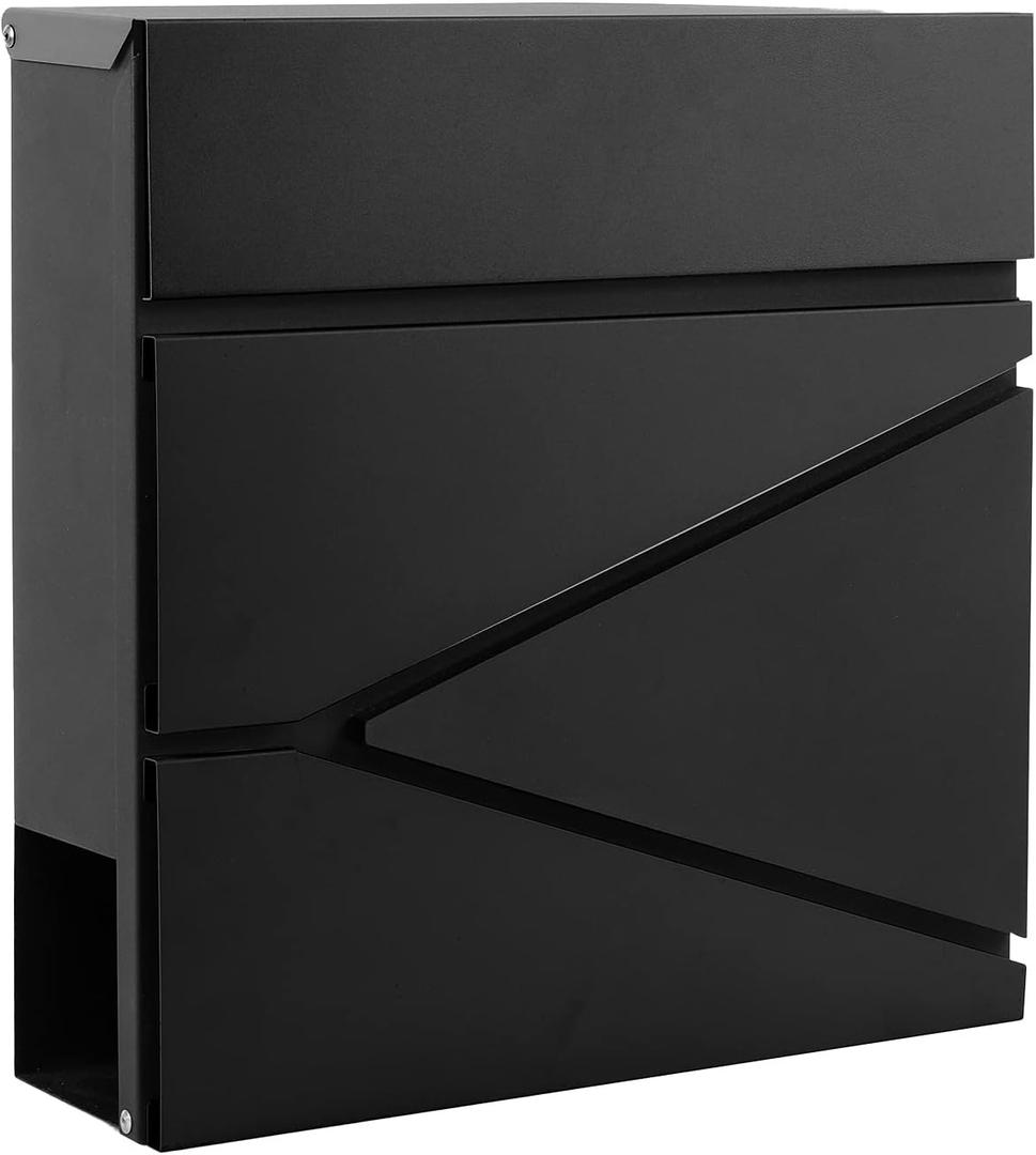 Wall-Mount Mailbox for House Outside, Security Key Drop Box with Lock and Keys, Steel Metal Mail Box with Newspaper Compartment, 14.57 x 14.57 x 4.33 Inch, Black, MD021 X-Large
