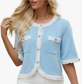 URBAN REVIVO Womens Short Sleeve Cardigan Trendy Crew Neck Button Down Lightweight Summer Sweaters Tops, Size 4