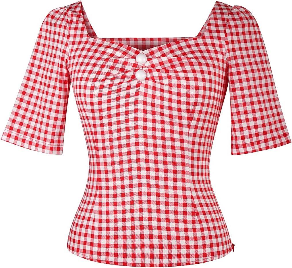 YARN & INK Women's 1950s Pinup Tops, Rockabilly Vintage Blouse Medium Sleeves Sweetheart V-Neck Shirt (X-Large, Red Ginham)