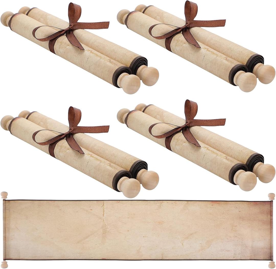 4 Pack Blank Paper Scrolls Scroll Paper Wrapped on Wood Rod for Writing, Drawing, Calligraphy, Wedding Vows, Invitation, Renaissance Festival, 9 x 33.5 Inches