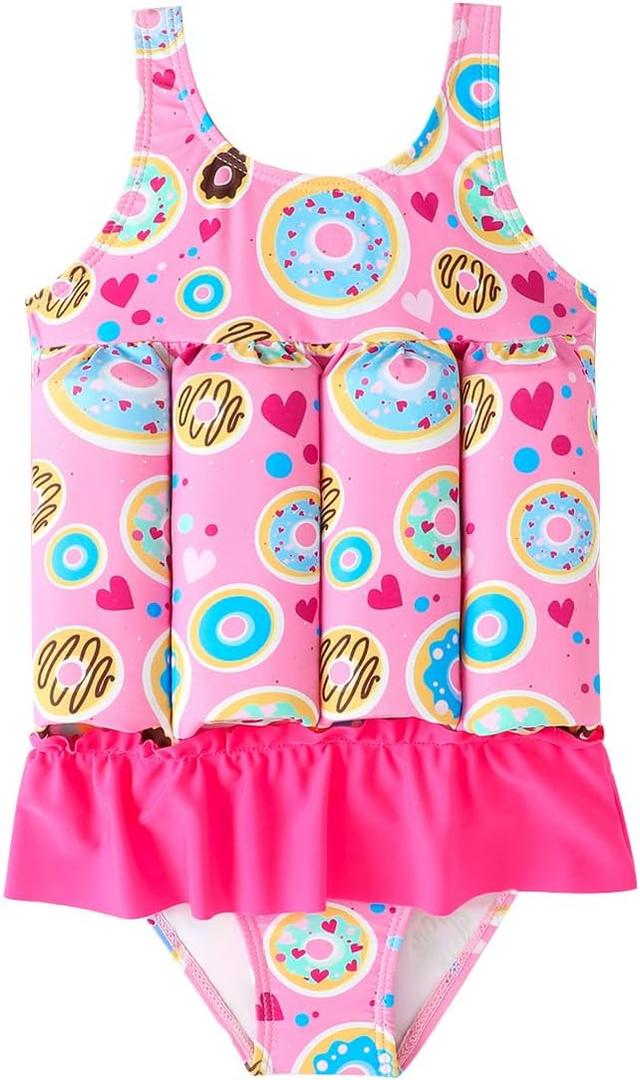 IDOPIP Kids Boys Girls Floatation Swimsuit with Adjustable Buoyancy Baby Float Suit Swim Vest One Piece Swimwear Bathing Suit (9-12 Months, Pink Donut)